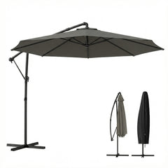 10 ft Offset Patio Umbrella with Cover, Hanging Cantilever Umbrella with 360° Rotation, Crank Handle, Tilt, Gray