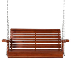 46" 2-Person Porch Swing Wooden Patio Swing Bench with Cup Holders, Slatted Design, Chains, 440lb Weight Capacity, Brown