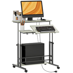 Adjustable Standing Desk with Power Outlets, Stand Up Desk with Tiltable Tabletop, Wheels, Shelf, for Home Office, Oak
