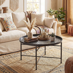 Coffee Table for Living Room, 24" Round Center Table with Hammered Tray Top and Metal Frame for Bedroom, Pewter