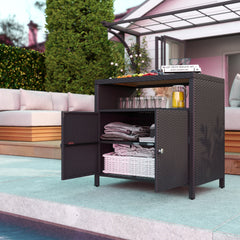 Outdoor Storage Cabinet with Acacia Wood Top, Two Doors, Shelf, Wicker Bar Table for Pool Towel Storage, Black