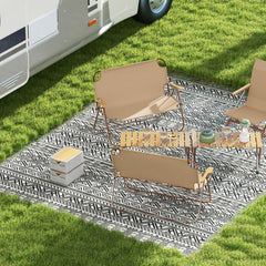Reversible Outdoor Rug Carpet RV Camping Rugs with Carry Bag, 9' x 12', Gray & Cream White Boho
