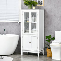 Bathroom Floor Cabinet with 2 Storage Cabinets, Tempered Glass Door, Freestanding Linen Tower with Adjustable Shelves for Living Room, White