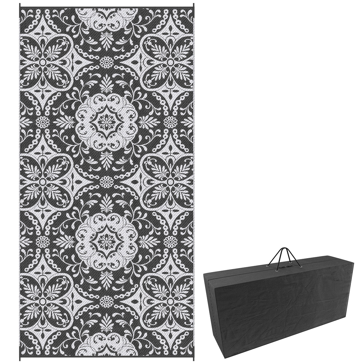 Outdoor Rug for Patio, 9' x 18' Waterproof Large Mat, Reversible Plastic Straw Rug for Decor, Portable Outside RV Camping Area Carpet Mat for Backyard Porch Deck Picnic, Gray & White Floral