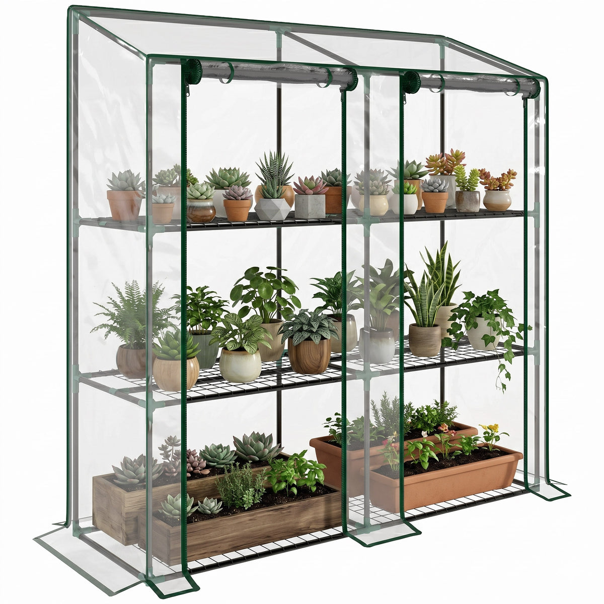 Lean-to Greenhouse, Portable Greenhouse with 3 Tier Shelves, 2 Roll-Up Zippered Doors, 56.3" x 18.1" x 59.4", Clear