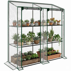 Lean-to Greenhouse, Portable Greenhouse with 3 Tier Shelves, 2 Roll-Up Zippered Doors, 56.3" x 18.1" x 59.4", Clear