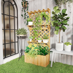 Raised Garden Bed, Wooden Planter with Trellis, Hanging Roof, Plant Shelf, Drainage Holes and Bed Liner, Natural