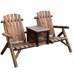 Double Wooden Adirondack Chair with Ice Bucket, Outdoor Loveseat with High Backrest, Smooth Armrest, Rustic Brown