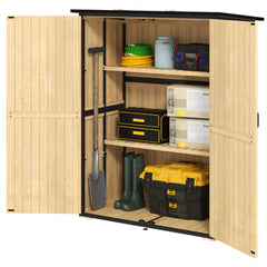 Wood Storage Shed, Outdoor Garden Shed with Asphalt Roof, 2 Shelves, Lockable Doors and Adjustable Feet, Natural