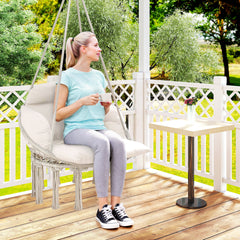 Hammock Swing Chair, Macrame Hanging Chair with Large Cushion, Chain, Steel Frame for Indoor Outdoor Use, Cream White