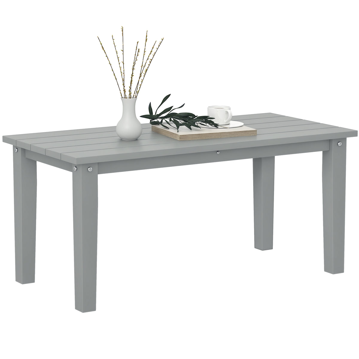 Rectangle Outdoor Coffee Table, HDPE All-Weather Outdoor Patio Table with Slatted Tabletop for Yard, Balcony, Gray