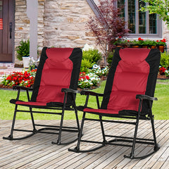 Oversized Folding Rocking Camping Chair Set of 2, Padded Outdoor Rockers with High Back and Armrests, Portable Outdoor Patio Chairs with Steel Frame for Garden, Porch, Lawn, Red