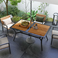 Rectangular Patio Table with Umbrella Hole, Faux Wood Rectangle Outdoor Dining Table for 6 People for Garden, Brown