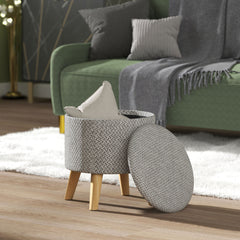 Round Ottoman Stool with Storage, Linen Upholstered Foot Stool with Padded Seat, Hidden Space and Wood Legs, Light Gray