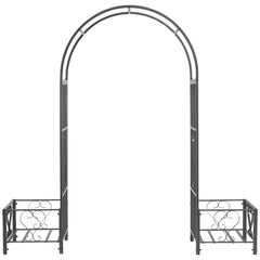 6.7' Steel Garden Arch Arbor with Scrollwork Hearts, Planter Boxes for Climbing Vines, Ceremony, Weddings, Party, Backyard, Lawn, Dark Gray