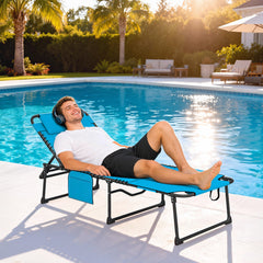 Folding Chaise Tanning Lounge Chair w/ 5-level Reclining Back, Reading Hole, Side Pocket, Headrest, Blue