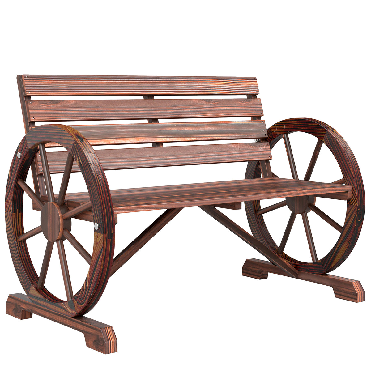 41" Wooden Wagon Wheel Bench, Rustic Outdoor Patio Weather Resistance Furniture, 2-Person Slatted Seat Bench with Backrest, Carbonized