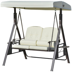 2-Person Patio Swing Bench with Adjustable Shade Canopy, Soft Cushions, Throw Pillows and Tray, Beige.