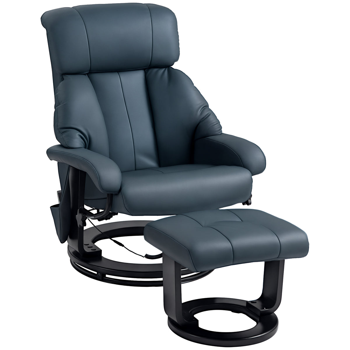 Swivel Recliner with Ottoman, Faux Leather Reclining Chair with Massage, Footstool Remote and Side Pocket, Blue