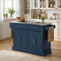 Rolling Kitchen Island with Stainless Steel Top, 2 Drawers, Spice, Knife and Towel Rack and Cabinets, Navy Blue