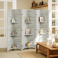6 Panel 67" Tall Wood Privacy Screen Room Divider with 3 Shelves and Folding Storage for Bedroom, White