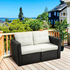 2 Piece Patio Wicker Corner Sofa Set, Outdoor PE Rattan Furniture, with Curved Armrests and Padded Cushions for Balcony, Garden, or Lawn, Beige