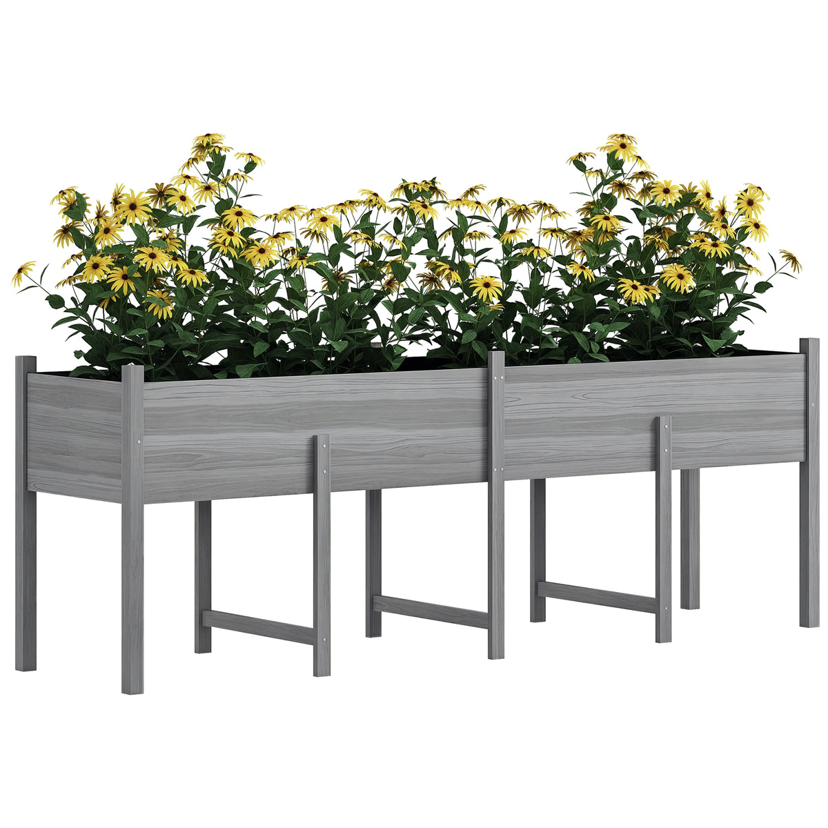 Wooden Raised Garden Bed, Large Elevated Planter Box with Legs, Bed Liner and Drain Holes, 7.4' x 1.8' x 2.6', Gray