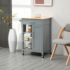 Kitchen Island Cart, Rolling Kitchen Island with Storage Shelf, Solid Wood Top, Drawer, for Dining Room, Gray