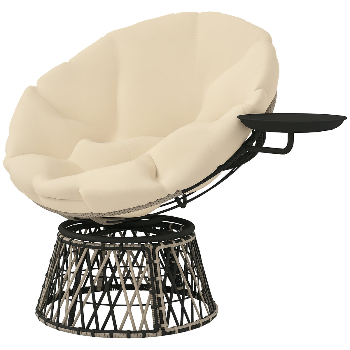 360° Swivel Outdoor Papasan Chair, 39" Overstuffed Circle Chair with Side Tray, Thick Cushion for Indoor Patio, Beige