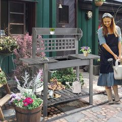 39'' Wooden Garden Potting Bench Work Table with Hidden Storage, Sliding Tabletop, Below Clapboard, Upper Shelf, Gray