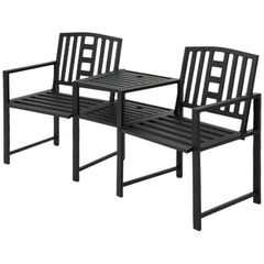 Metal Garden Bench with Middle Table and Umbrella Hole, 2-in-1 Double Patio Chairs, Outdoor 2-person Tete-a-Tete, Slatted, Black