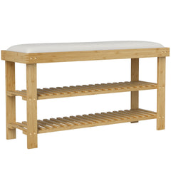 Bamboo Shoe Storage Bench, 3-Tier Entryway Bench with Cushion, Shoe Organizer for Entryway, Hallway, Natural