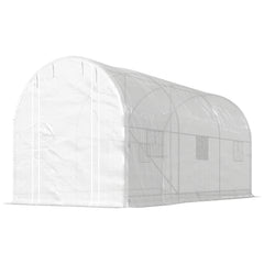 Hoop House Greenhouse, Walk-in Tunnel Greenhouse with 2 Support Rods, Zippered Roll-up Mesh Door, 14.6'x6.5'x6.6', White