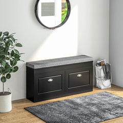 Modern Shoe Storage Bench, Entry Way Bench with Cushion, 2 Drawers, Storage Ottoman Bench, Holds 8 Pairs, Black