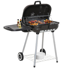 Charcoal Barbecue Grill with Portable Wheel, Side Tray and Lower Shelf for Outdoor BBQ for Garden, Backyard, Poolside