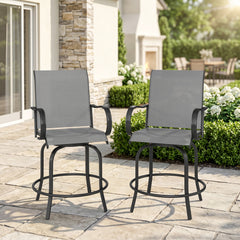 Outdoor Bar Stools Set of 2, 360° Swivel Bar Height Chairs, 26.75" x 29.5" x 48.5", Gray