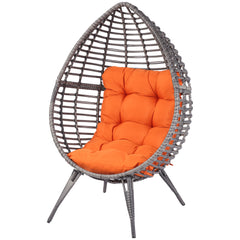 Patio Wicker Egg Chair w/ Soft Cushion, Teardrop Cuddle Seat, Outdoor / Indoor Patio Chair, PE Plastic Rattan Furniture with Adjustable Height Feet Pads, Orange