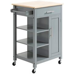 Kitchen Island Cart, Rolling Kitchen Island with Storage Shelf, Solid Wood Top, Drawer, for Dining Room, Gray