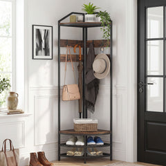 Corner Hall Tree, Industrial 4-Tier Coat Rack with Shoe Storage, 8 Movable Hooks and 2 Shelves for Hallway, Rustic Brown
