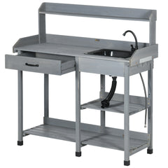 Potting Bench Table, Outdoor Garden Table Wooden Work Station with Removable Sink, Faucet, Drawer, Shelves, Hooks, Gray