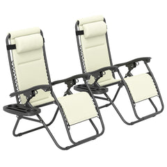 Zero Gravity Lounge Chair Set, 2 Pieces Reclining Folding Outdoor Lounge Chairs with Headrest Side Tray, Cream