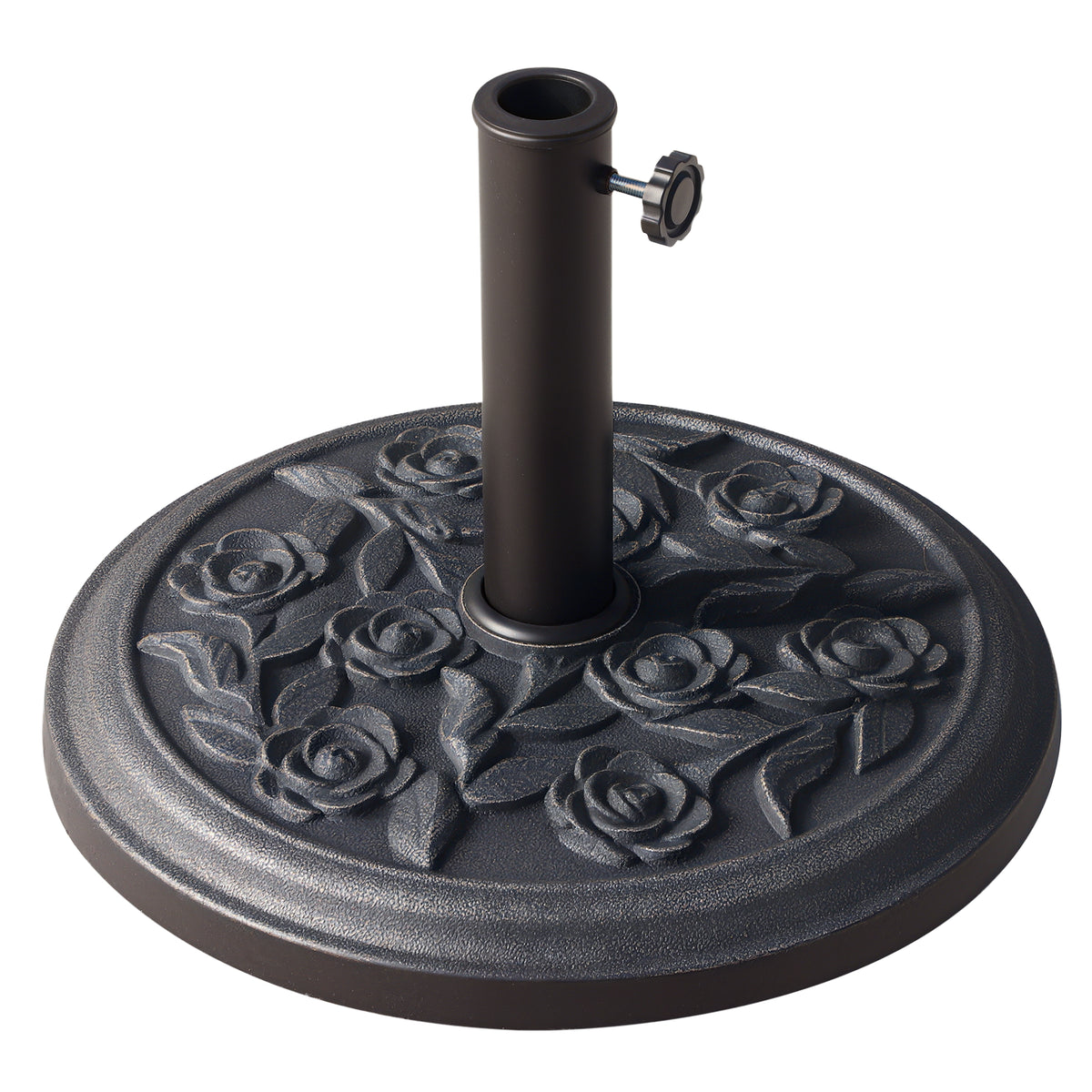 18" 20 lbs Round Resin Umbrella Base Stand Market Parasol Holder with Decorative Rose Floral Pattern & Easy Setup, for Φ1.5", Φ1.89" Pole, for Lawn, Deck, Backyard, Garden, Bronze