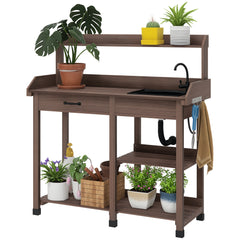 Potting Bench Table, Outdoor Garden Table Wooden Work Station with Removable Sink, Faucet, Drawer, Shelves, Hooks, Dark Brown