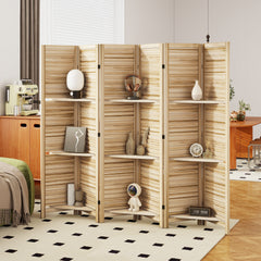 6 Panel 67" Tall Wood Privacy Screen Room Divider with 3 Shelves and Folding Storage for Bedroom, Natural Wood