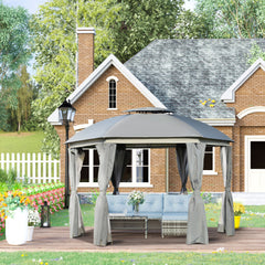 12' x 12' Round Outdoor Gazebo, Patio Dome Gazebo Canopy Shelter with Double Roof, Netting Sidewalls and Curtains, Zippered Doors, Strong Steel Frame, Grey