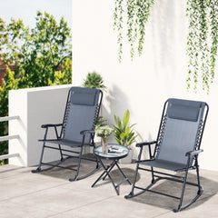 Outdoor Folding Rocking Chair Patio Table Seating Set, 2 Rocking Chairs with Armrests and 1 Side Table with Tempered Glass - Grey