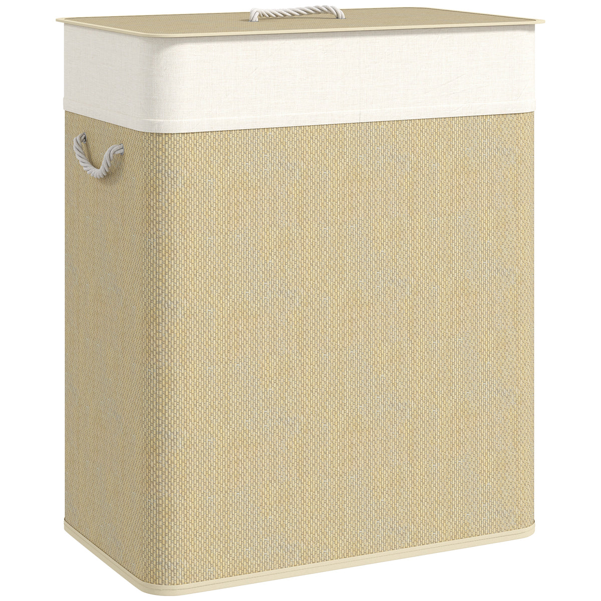 Double Laundry Basket with Lid, 26.4 Gallon Bamboo Laundry Hamper with Rope Handles and Removable Liner, Natural