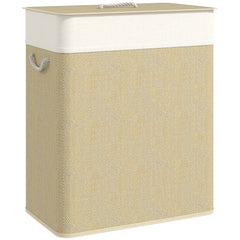 Double Laundry Basket with Lid, 26.4 Gallon Bamboo Laundry Hamper with Rope Handles and Removable Liner, Natural
