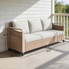 Rattan Wicker Sofa 3-Seater Outdoor Patio Sofa with Cushions for Garden Backyard Porch Beige