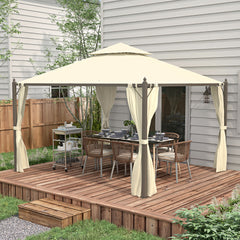 10' x 12' Outdoor Patio Gazebo with Curtains, Two-Tier Roof, Beige